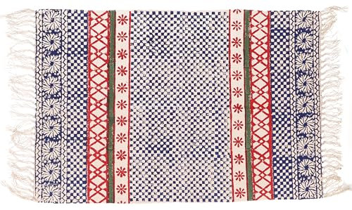 GURU SHOP Handgewebter Blockdruck Teppich 160x95 cm, Traditionelles Design, Indischer Baumwollteppich, Bad Läufer - Blau/rot, Baumwolle, Teppiche, Bodenmatten