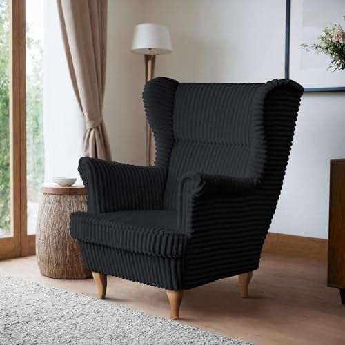 BEAUTY SOFA - Felix Sessel - Ohrensessel - Relaxsessel mit Armlehnen - Fernsehsessel - Polstersessel - für Wohnzimmer, Schlafzimmer - Sessel Wohnzimmer - Schwarz (Tilia 100), Beine Buche