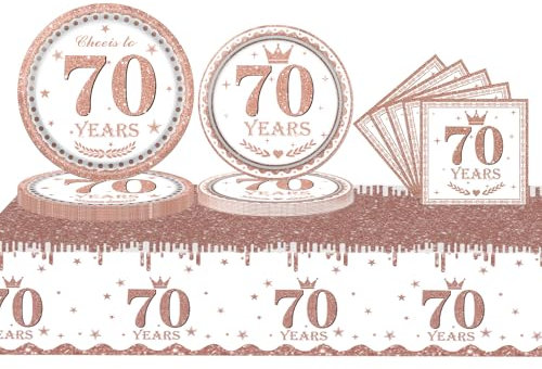 53Pcs Rose Gold Tableware Set - 70th Birthday Table Cloth, Napkins, Plates & Dinnerware for Her 70th Anniversary Party Supplies
