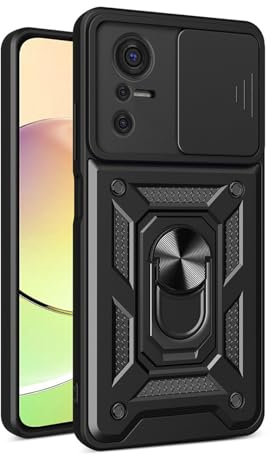 BORYA Case for TCL 40 SE (TCL 40SE), Shockproof PC + TPU Double Layer Silicone Military Grade Cover, with 360° Rotation Magnetic Kickstand, Camera Slider Cover. Black