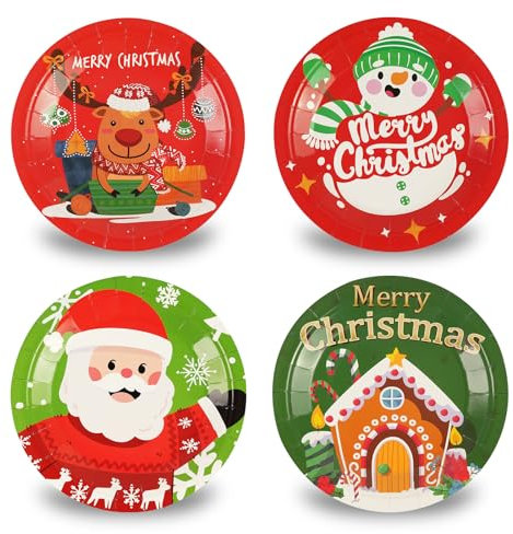 BOKFJBP 48 platos de Navidad desechables, platos de papel de Navidad de 7 pulgadas, platos de papel navideños, platos de postre de Navidad, juego de vajilla de Navidad, 4 diseños surtidos, suministros