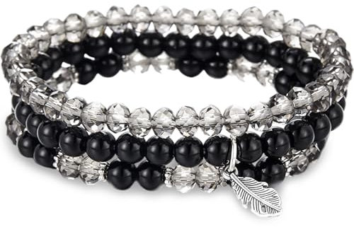 Perlenarmband Stretch Damen, Chakra Stein Kristall Echte Steine-Edelsteine für Damen Freundin Schmuck Geburtstagsgeschenk Weihnachtsgeschenke für Frauen (Schwarze)