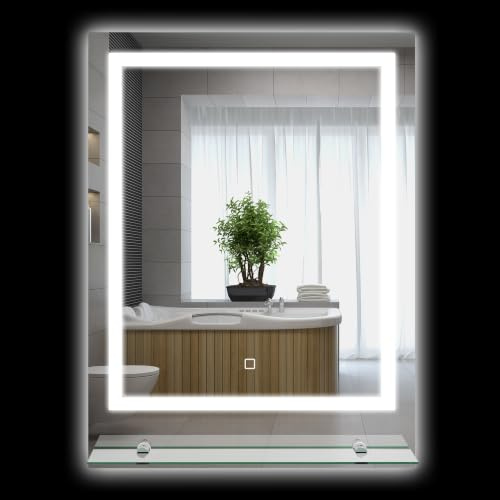 kleankin Dimmable Makeup Mirror, Bathroom Mirror with Shelf, 70 x 50cm | LED Lights, 3 Temperature Colours, Defogging Film, Memory Function, Hardwired