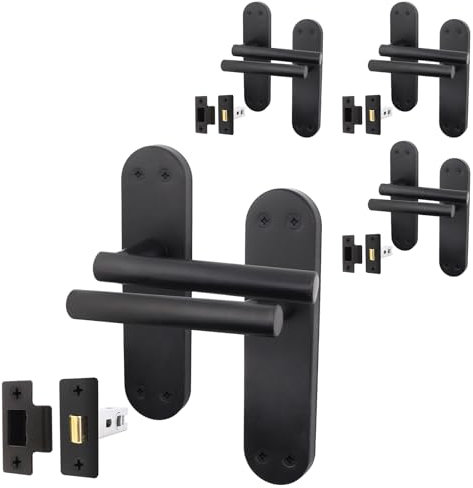 EAI Black Door Handle Latch Set | 4 Pairs of Matt Black Internal Lever Latch T-Bar Handles on Backplate & Latches (64mm) | Oliena Range