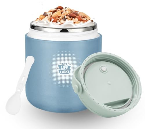 Chedin Contenitore termico per cibo, in acciaio inox, per yogurt, 430 ml, a prova di perdite, con cucchiaio e coperchio, perfetto per zuppe, cibo, cereali (1 blu)