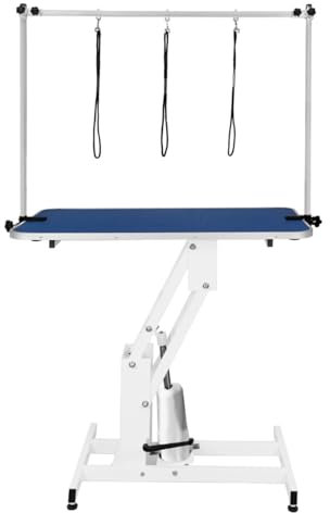 Hydraulischer Hundepflegetisch – Höhe 55–101 cm, Tragfähigkeit 180 kg, weiß – blaue Platte, rutschfest 106 x 61 cm, weißer Stahl, Nivellierfüße, 3 Leinen