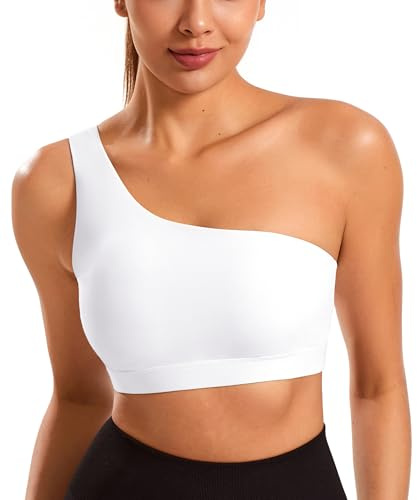 Smooth Sports Bras for Women One Shoulder Low Impact Asymmetrical Workout Tops Padded Yoga Right Shoulder Strap Bra White