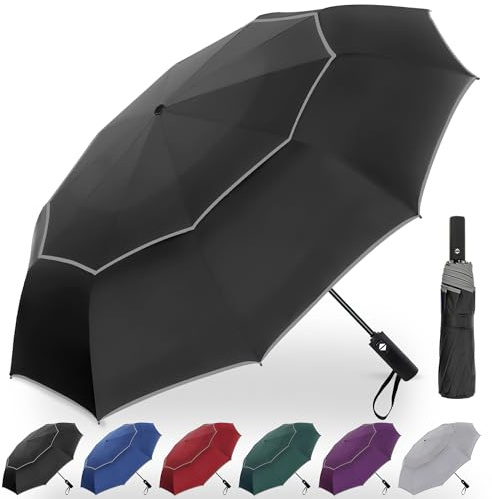 Satol 62 Inch Large Portable Golf Umbrella with Reflective Stripe, Windproof 10 Ribs Vented Double Canopy Oversize Compact Rain Umbrellas for Travel, Waterproof UV Protection Umbrella Auto Open