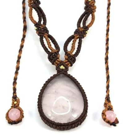 TIANXIAOQWE Collana da donna con ciondolo intrecciato in quarzo rosa naturale, a forma di goccia d'acqua, realizzata a mano, con corda intrecciata e macramè, 81cm, Pietra, Quarzo
