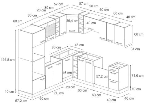 Vicco Eckküche R-Line, Küchenzeile in L-Form, Beton/Anthrazit, 237 x 60 cm ohne Arbeitsplatte