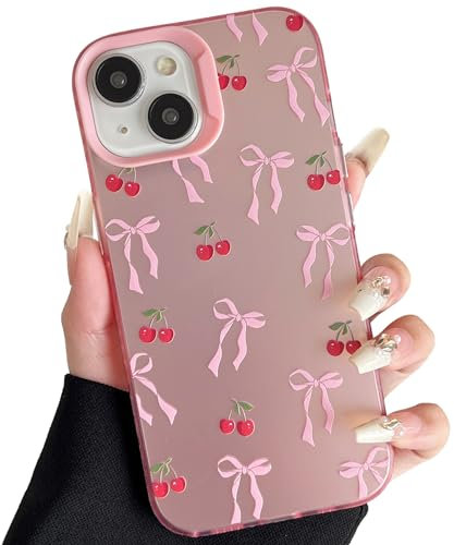 ZTOFERA Pink Case for iPhone 15 (6.1), Aesthetic Phone Case with Cute Ribbon Bowknot Pattern, Glossy Hard PC Back Silicone Bumper Shockproof Protective Cover for Girls Women - Cherry