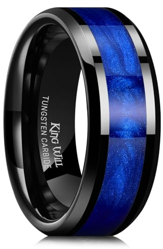 King Will Ehering aus Wolframkarbid für Männer – 8 mm schwarzer, hochglanzpolierter Ehering mit blau-grünem Sand-Inlay für den Alltag, bequemer Sitz für Herren, Größe 54–70 (17–22)