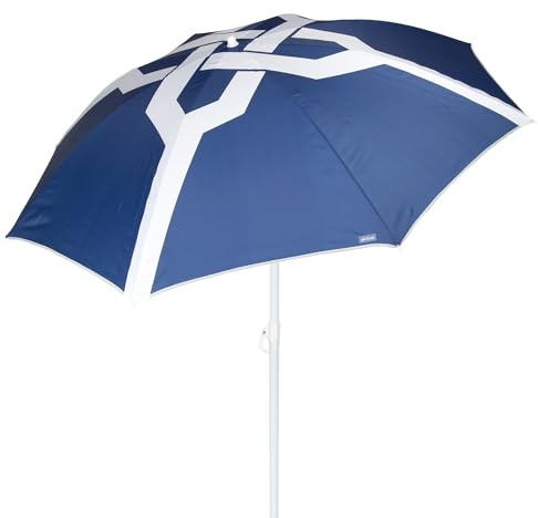 AKTIVE Sombrilla de playa 200 cm, 8 varillas, Estampado azul y blanco, Protección UV50, Mástil de acero inclinable y regulable en altura, Ligera y desmontable, Funda con asa hombro incluida (62424)