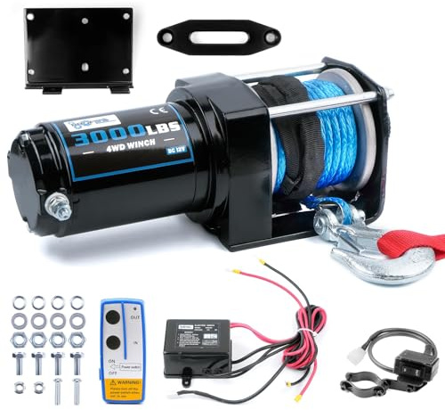 3000 lb Electric Winch, 12V DC ATV/UTV Trailer Boat Winch Kit for Towing Off Road, Synthetic Rope Aluminum Hawse Fairlead Remote Control