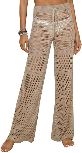 Maeau Pantaloni da spiaggia da donna all'uncinetto, micro pantaloni a zampa, bikini cover up, pantaloni da esterno svasati, S-M, albicocca, S
