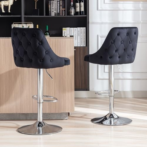 Ya-Home Barhocker 2er Set Barstuhl aus Samt Küchenhocker höhenverstellbar Tresenhocker drehbarer Bistrohocker mit Fußstütze für Kücheninsel/Hausbar, Schwarz