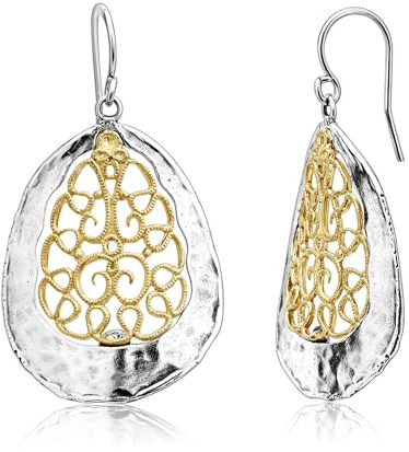 Jean Rachel Jewelry Zweifarbige Ohrringe aus gemischtem Metall für Frauen – baumelnde Ohrringe aus 925er Sterlingsilber und 14 Karat Gold über Silber – Tropfenform, gehämmert, hypoallergenes Design