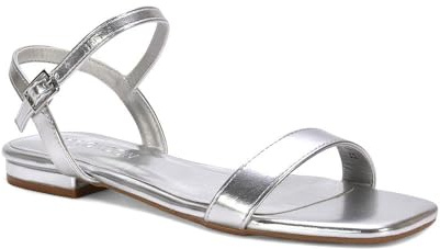 ESSEX GLAM Women's Flat Strappy Sandals Ladies Ankle Strap Open Toe Buckle Silver Metallic Synthetic Leather Shoes Size 4