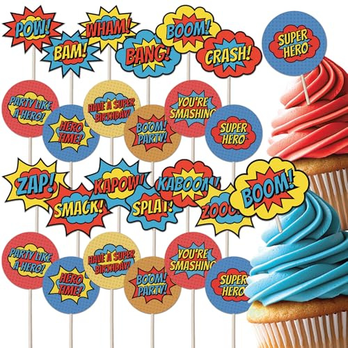 Superhero Comic Book Cupcake Toppers Set - 24pc - Birthday Celebration Cupcake & Cake Decorations