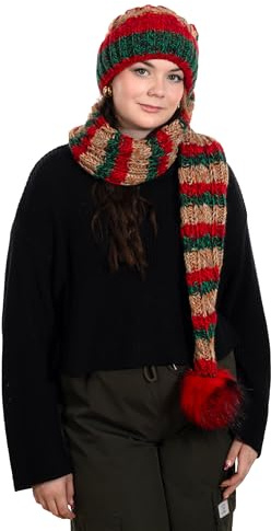 Birendy XXL Beanie AA Mütze, Zipfelmütze inklusive Schal, Pudelmütze, Wintermütze mit großer Fellbommel aus Fellimitat. Extra Lang mit weichem Fleece abgefüttert