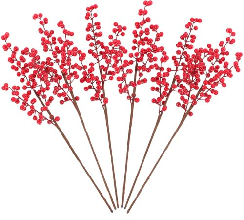BAZEITFLOW 6 Stück Künstliche Weihnachtsbeeren Stiele Rote Ilex Deko für Christbaumschmuck DIY Winterfest Tischdeko Weihnachtsfeier Festliche Dekoration