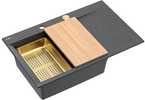 QUADRON Spülbecken JOSH 111 Granitspüle Küche, 78 x 50 x 21,5 cm, Black Diamond & Gold Pvd, Küchenspüle Einbeckenspüle Set: Granitspüle + Push to open Siphon + Platte + Tropfschale