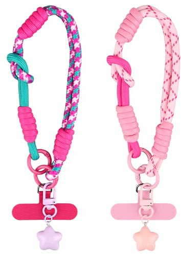 Farbblockierung Handykette Kurz Rosa Handyband Verstellbar Gewebt Phone Strap Lanyard Süß Stern Schlüsselanhänger Handschlaufe Handy Kette Handy Umhängeband Für Handyhülle Kamera Keychain Bag Charms