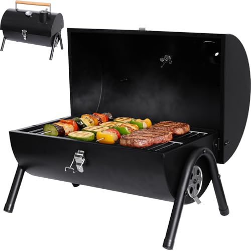 REDCAMP Portable Charcoal BBQ Grill, Lightweight Camping Smoker with Thermometer, Outdoor Compact Barbecue for Backyard Garden Caravan Picnic Party, Black
