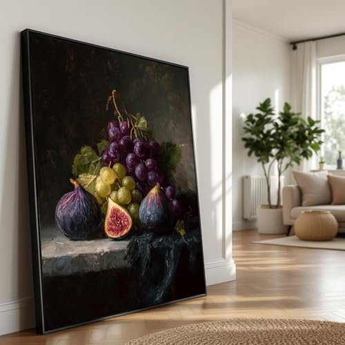YUSUZHU Klassisches Stillleben auf Leinwand, Gemälde mit Trauben und Feigen, Frucht-Wanddekoration, Küchenleinwand im Vintage-Stil, Wandbild für die Heimdekoration (21x30cm/Rahmenlos)