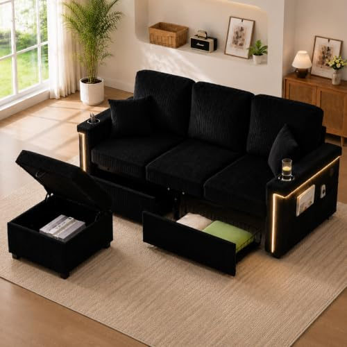 EURHCIO canape 3 Places avec Repose Pied Rangement,canapé d'angle modulable avec 2 Tiroirs,Porte-gobelets et Poches latérales,Tissu Velours Côtelé,pour Salon Chambre ou Bureau (Noir-A)