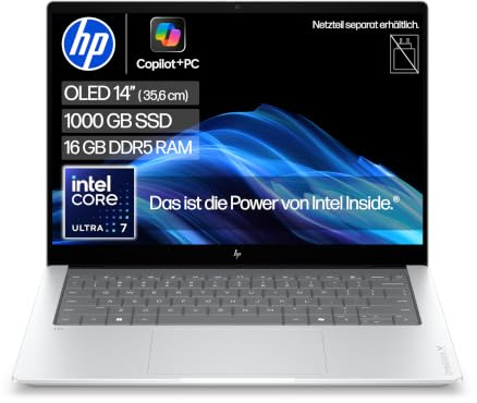 HP OmniBook X, 14 2K, Intel Core Ultra 7, 16GB RAM, 1TB SSD | Premium-KI-Notebook, 2K OLED Display für produktives Arbeiten & Kreativprojekte, 50 NPU TOPs - ohne Netzteil, QWERTZ, Silber