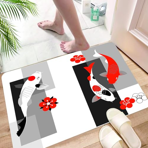 HYOSXW Tapis Microfibre Extra Doux,Tapis Salle de Bain Antidérapant et Lavable en Machine,Tapis de Douche Absorbant l'eau,Poissons artistiques Koi, Bassin de carpes, Style Zen Chinois, Japon,40x60cm