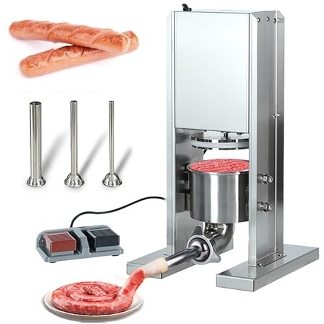 Macchina elettrica verticale per insaccati, insaccatrice automatica in acciaio inox, ideale per applicazioni di lavorazione alimentare in cucine domestiche e commerciali.