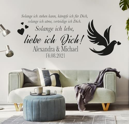 tjapalo® pkm487 Wandtattoo Schlafzimmer liebe Wandtattoo liebessprüche Wandsticker liebespaar so lange ich lebe Liebe ich Dich mit 2 Wunschnamen und Datum, Farbe: Schwarz, Größe: B58xH24cm
