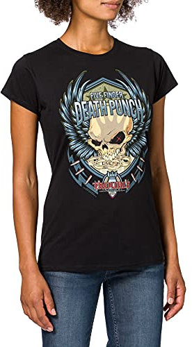Five Finger Death Punch Damen Trouble T-Shirt, Schwarz (Black Black), 38 (Herstellergröße: Large)