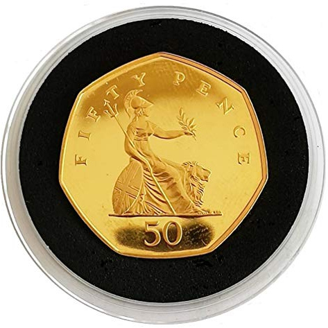 24ct Gold Plated 1999 Britannia Proof 50p Brilliant Uncirculated Fifty Pence Coin with Airtile Capsule Holder