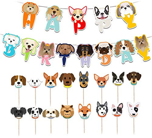 Boerni Dog Birthday Decoration, 13 Pcs Cute Cartoon Dog Banner & 16 Pcs Puppy Cupcake Toppers for Kids' Unisex Pet Theme Birthday Party