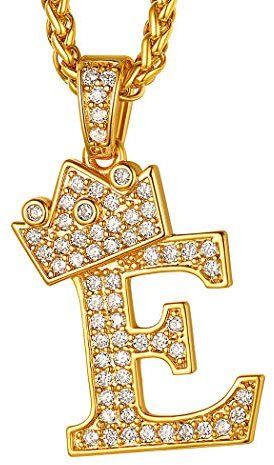 Suplight Mens/Womens King Crown Chain, Cubic Zirconia CZ Alphabet Monogram Jewelry, Gold Hip Hop Charm Ice Bling Initial Letter E Pendant Tennis Necklace
