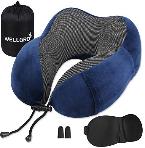 WELLGRO Nackenkissen Set mit 3D Schlafmaske und Ohrstöpsel - Abnehmbarer Bezug - Memory Schaum - Reißverschluss - inkl. Aufbewahrungstasche - Reisekissen - Farbe wählbar, Farbe:Dunkelblau