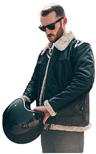 Texpeed Herren Lederjacke Echtleder - Echter Warmer Winter Pelzmantel – Schwarz Biker-Motorrad RAF Flieger Flug Bomber B3 Pilotenjacke Entwurf Beige Pelz - XL