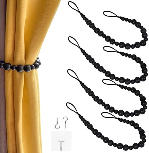 2 Stück Holzperlen Vorhang Raffhalter Boho Vorhang Raffhalter Vorhang Halter für Wand Bauernhaus Vorhang Raffhalter Fensterbehandlung Vorhang Raffhalter mit Haken Gardinenhaken (2, Schwarz)