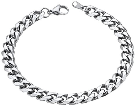 ChainsHouse Mens Silver Bracelets Cuban Link Chain Stainless Steel Curb Chains Chunky Bracelet Hip Hop Jewellery 9mm 19cm