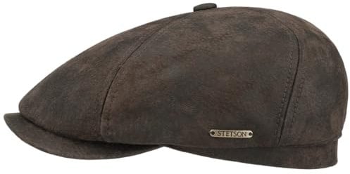 Stetson McCook Vintage Ledercap - Flatcap Herren/Damen - Schiebermütze aus Leder (Schwein, Velours) - Schlägermütze mit Baumwollfutter - Flat Cap Winter/Sommer Dunkelbraun M (56-57 cm)