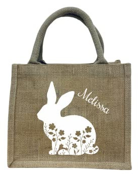 Bedruckte Jutetasche zu Ostern mit Name | Motiv Hase in Wiese für Kinder | Personalisiertes Osternest zum Befüllen inkl. Namensdruck | Geschenktasche mit Henkel als Osterkörbchen natur/beige
