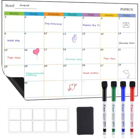 POPRUN Magnetic Monthly Planner Family Whiteboard Calendar for Fridge,Weekly Planner Fridge, A3 Chores Chart, Dry Wipe Planning Boards Meal Planner Board Memo Calendar Monday to Sunday, 43 x 28cm