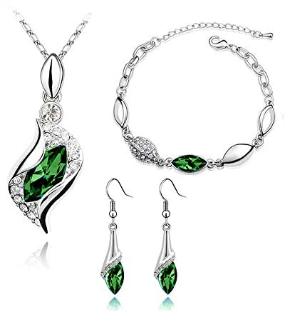 FDEETY Strass Brautschmuck Set Österreichischer Kristall Halskette Armband Ohrring Set für Damen Mädchen Engels Tränen Schmuck Set, Grün
