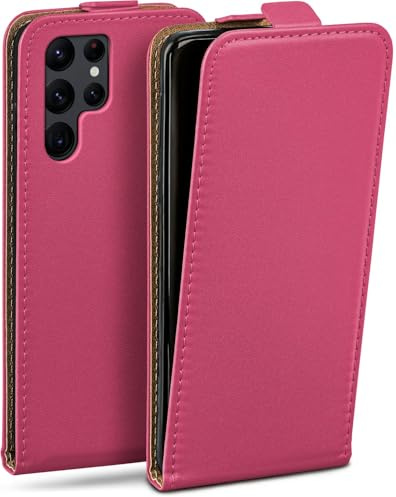 moex Flip Case für Samsung Galaxy S22 Ultra Hülle klappbar mit 360 Grad Schutz, Handyhülle mit Displayschutz, PU Leder Handytasche Lederhülle, Flip Case Cover Klapphülle, Pink