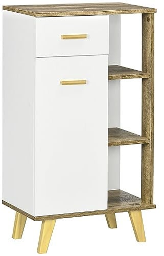 kleankin Mobile da Bagno Moderno con Armadietto, Cassetto e Ripiani in Legno, Armadietto da Bagno Multiuso Salvaspazio con Base Rialzata, 50x30x89 cm, Bianco