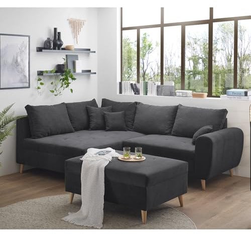 Lomadox Ecksofa mit Hocker und 8 Kissen in anthrazit modern | L-Form mit Recamiere Links