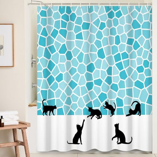 Ttincceer 180x180cm Schwarze Katze Duschvorhang Niedliche Tier Kätzchen Silhouette Duschvorhang Set Blau Mosaik Lustige Haustier Bad Vorhang Wasserdicht Badewanne Vorhang
